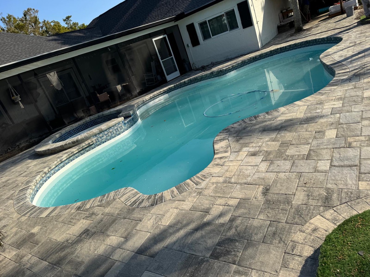 Free-form pool with a concrete paver deck seen from above