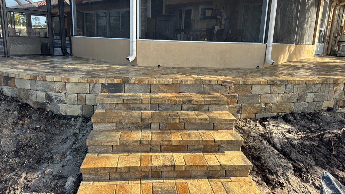 Stone steps down from a lanai